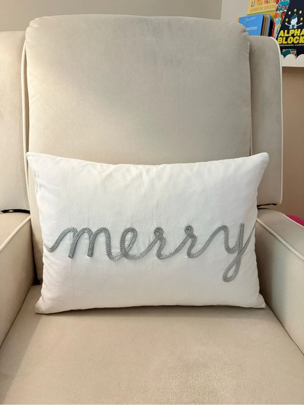 Merry Embroidered Holiday Lumbar Pillow - White